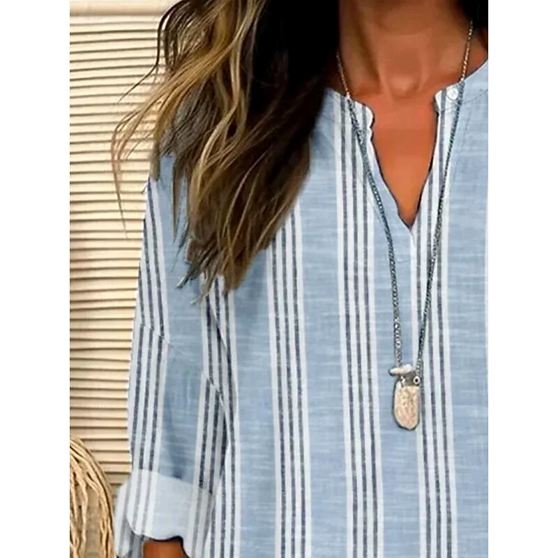 Women's Blouse Tunic V Neck Long Sleeve Boho Casual Cotton Linen Graphic Striped Regular Tops Daily Buttons Print Light Blue2