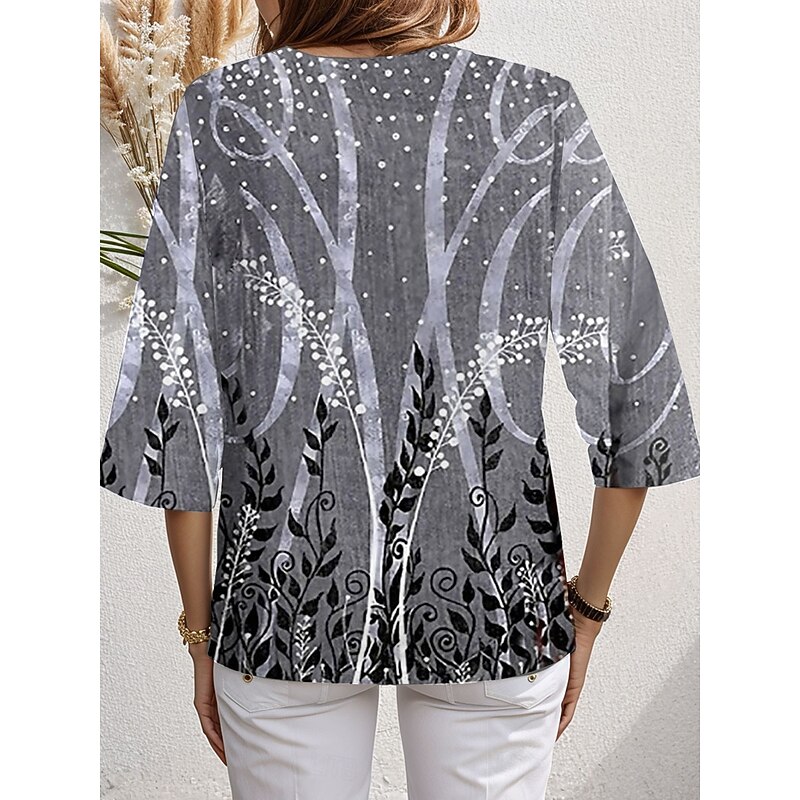 Women's Blouse Long Sleeve Asymmetrical Hem Floral Graphic Stylish Beach Short Sleeve V Neck Regular Tops Daily Print Gray Spring Fall2