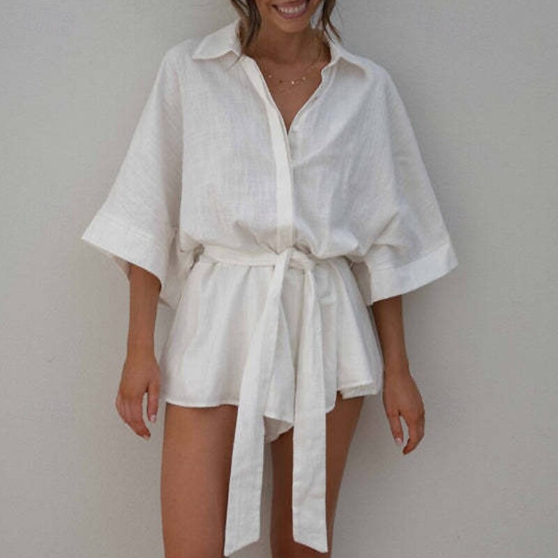 Women's Normal Linen-Inspired Sets Streetwear Solid Color Half Sleeve Shirt Collar Buttons Going out Weekend Regular Fit White Pink Summer4