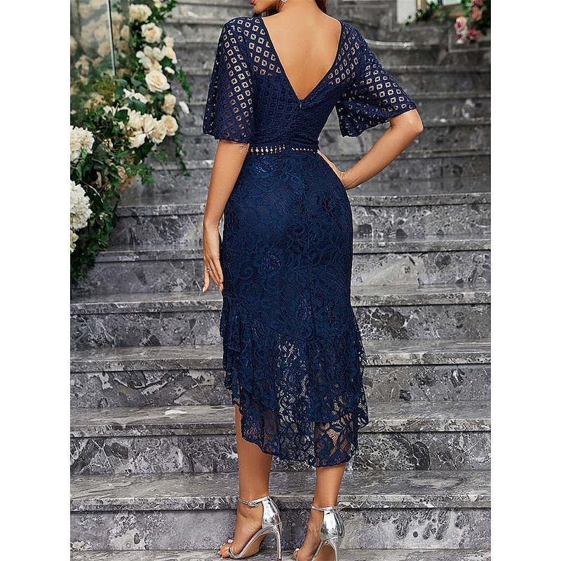 Dress Mother of the Bride Dress Elegant Party Simple Crew Neck Asymmetrical Spandex Short Sleeve with Lace3