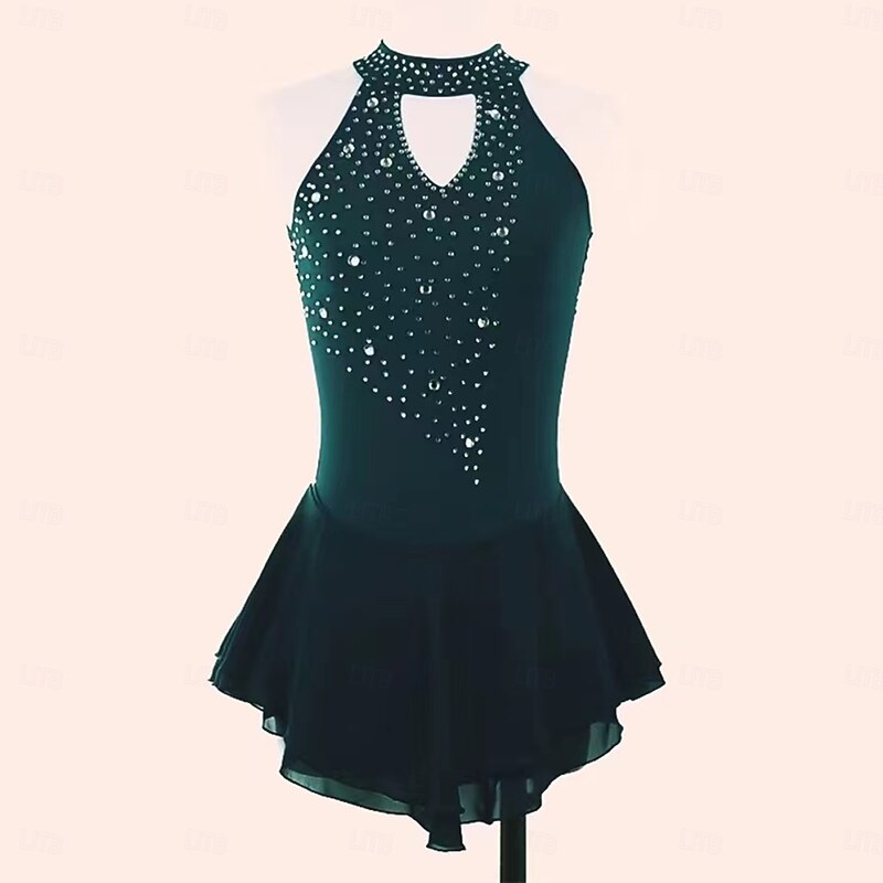Figure Skating Dress Women's Girls' Ice Skating Dress Black Dark Green Dark Blue Patchwork Open Back Mesh Spandex Stretchy Training Practice Professional Skating Wear Thermal Warm Classic Crystal3