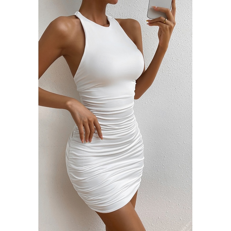Women's Mini Dress White Dress Graduation Dress Sheath Dress Fashion Birthday Graduation Date Regular Fit Plain Sleeveless Crew Neck White Summer3