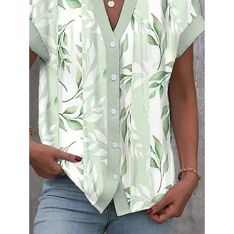 Women's Shirt V Neck Button Down Blouse Summer Tops Floral Graphic Striped Daily Stylish Short Sleeve Shirt Collar Regular Tops Daily Buttons Print Light Green Summer Spring3