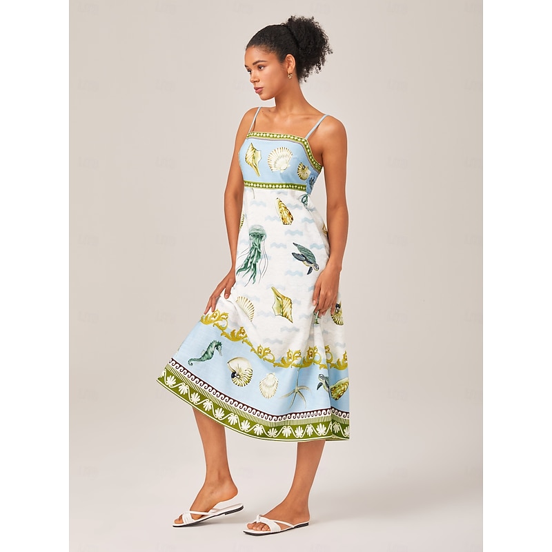 Linen Like Ocean Prints Strap Dress2