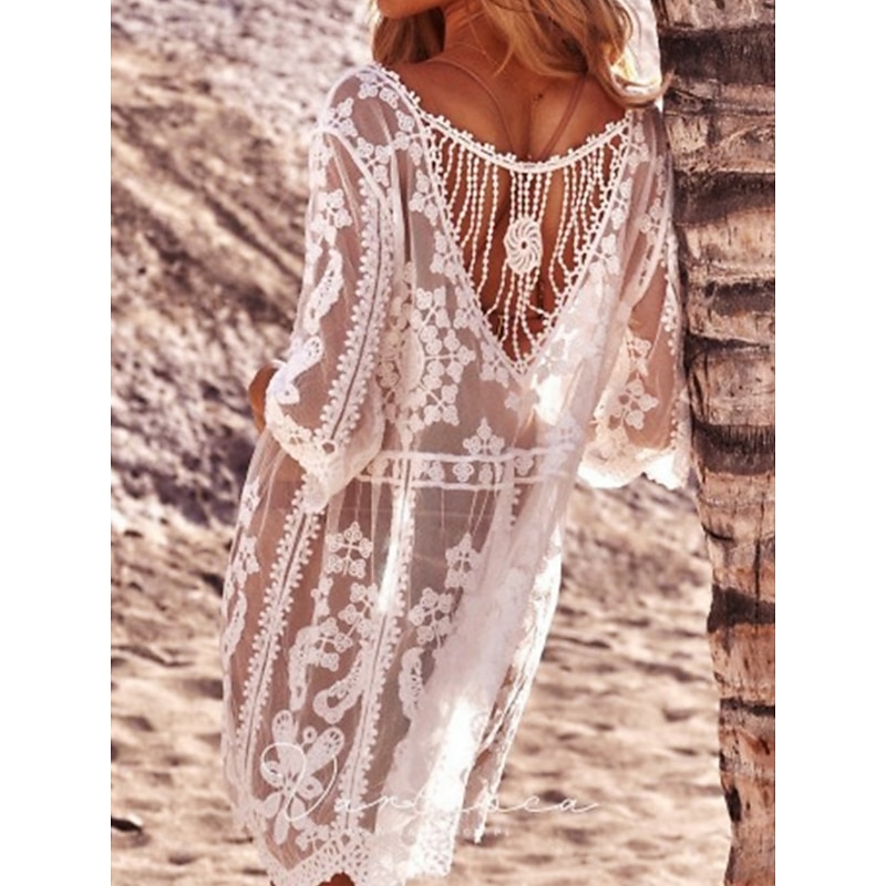 Women's Swimsuits Cover Up Swim Dress Swimsuit Lace Patchwork Vacation Beach Wear Solid Color V Neck Long Sleeve Bathing Suits2