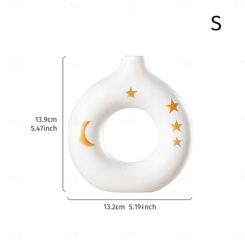 White Circular Resin Vase with Gold Star and Moon Accents – Islamic Festival Centerpiece for Ramadan, Eid, and Home Decor – Elegant Flower Holder for Entryway, Table, and Celebration4