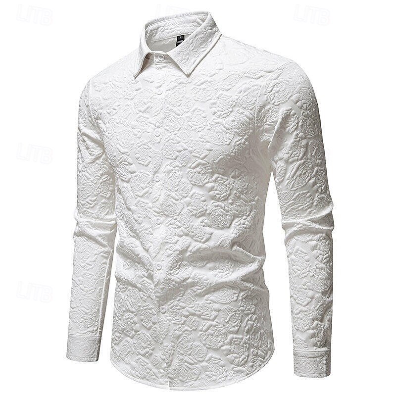 Men's Shirt Summer Shirt Casual Shirt Beach Shirt Button Up Shirt Black White Long Sleeve Plain Lapel Vacation Hawaiian Jacquard Clothing Apparel Polyester Fashion Casual Comfortable2