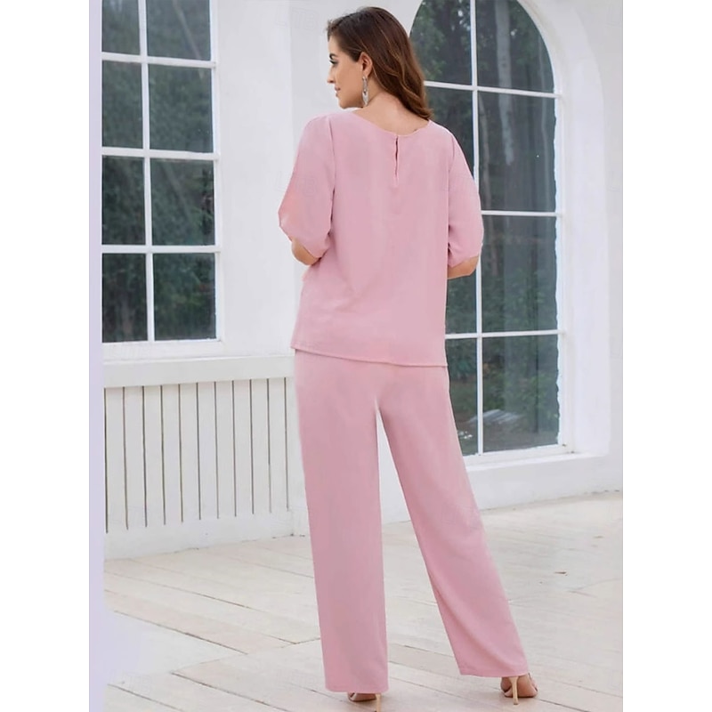 Pantsuit Mother of the Bride Dress Wedding Guest Elegant Simple Scoop Neck Floor Length Polyester 3/4 Length Sleeve with Solid Color4