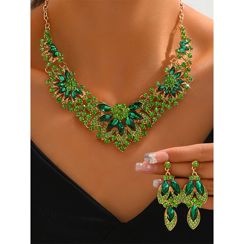 Elegant Green Crystal Jewelry Set – Statement Necklace & Earrings for Women, Luxury Wedding & Party Accessories2