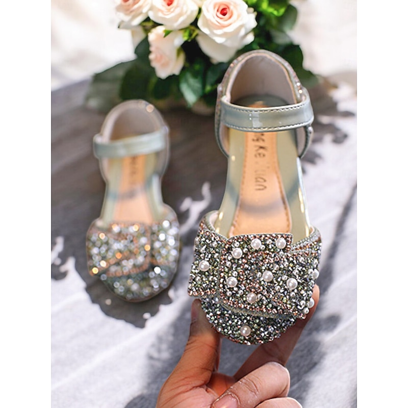 Girls' Rhinestone Bow Mary Jane Shoes – Sparkly Pearl Embellished Flower Girl Flats for Weddings & Special Occasions