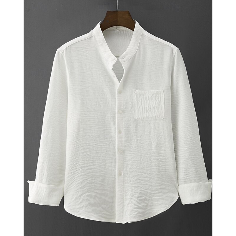 Men's Shirt Summer Shirt Casual Shirt Beach Shirt Button Up Shirt White Purple Long Sleeve Plain Grandad Collar Stand Collar Vacation Hawaiian Front Pocket Clothing Apparel Polyester Fashion Casual3