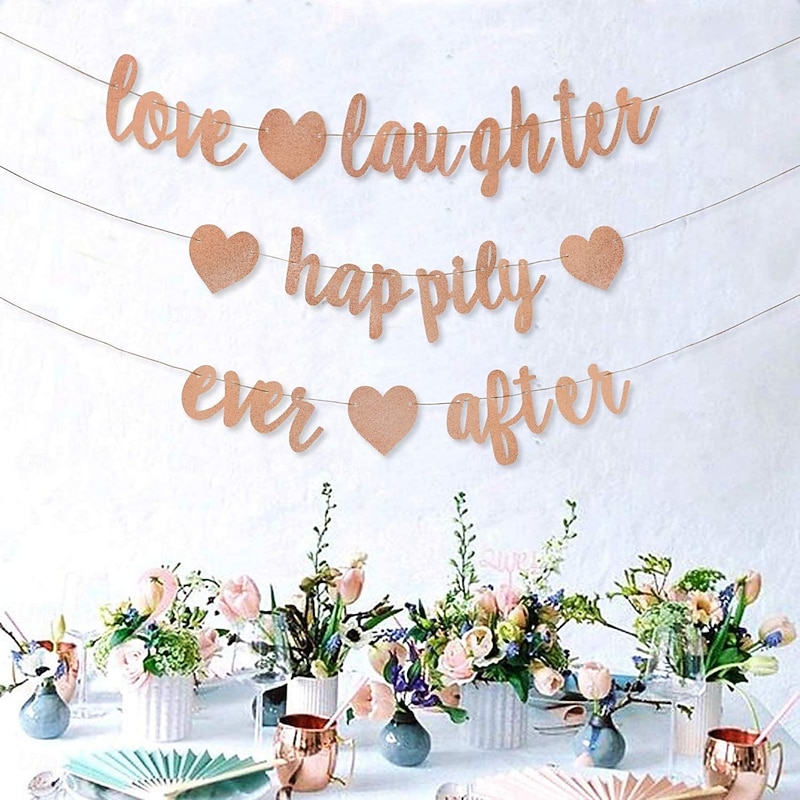 Bachelorette Party Decorations Love and Laughter Matte Pennant Banner, Rose Gold and Gold