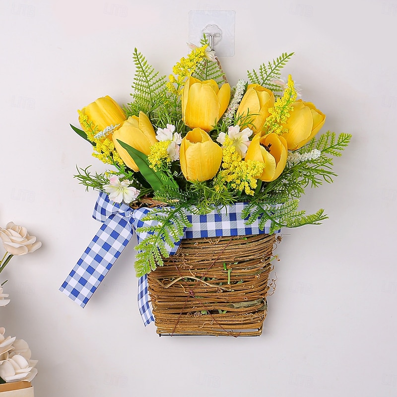 Spring Wreath Artificial Tulip and Greenery Vine Basket Hanging Decoration with Gingham Ribbon for Hotels, Cafes, Home Entryways