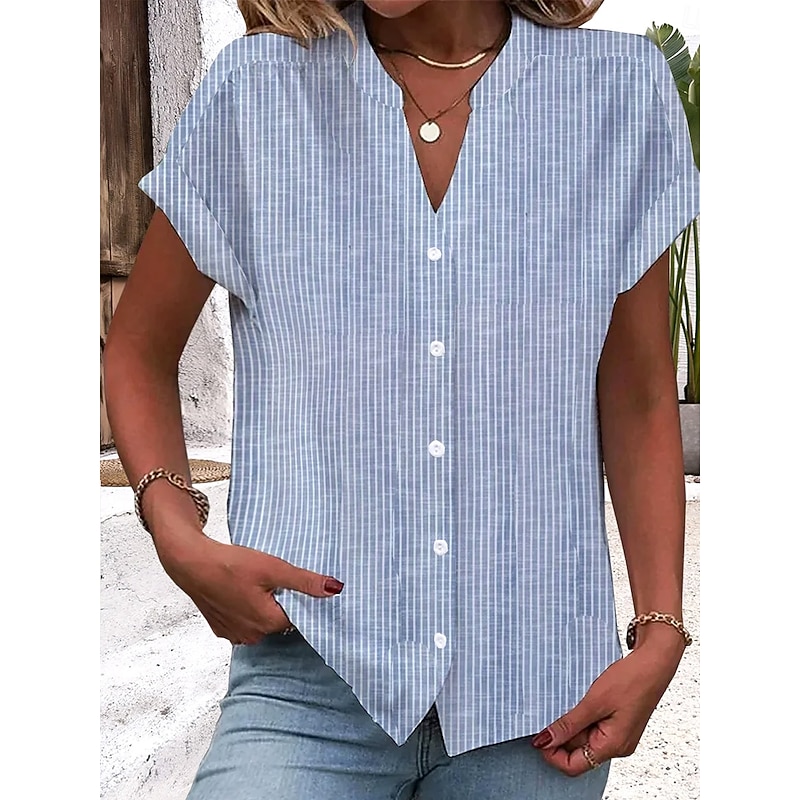 Women's Blouse V Neck Button Down Blouse Graphic Striped Vintage Stylish Ethnic Short Sleeve Notched Neck Regular Tops Daily Buttons Print Light Blue Summer Spring