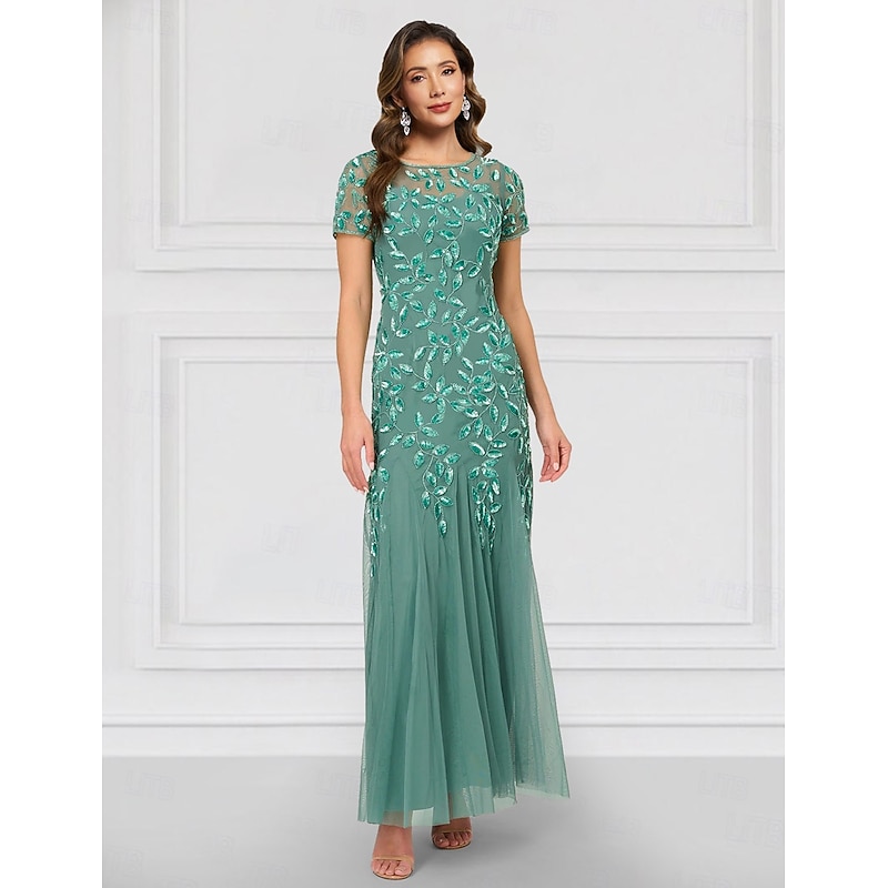 Beaded Floral A-Line Embroidered Mother of the Bride Dress Wedding Elegant Vintage V Neck Ankle Length Tulle Short Sleeve3