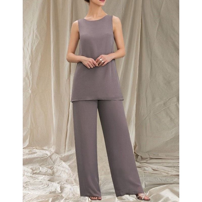 Pantsuit 3 Piece Mother of the Bride Dress Wedding Guest Elegant Crew Neck Floor Length Chiffon Long Sleeve with Ruffles4