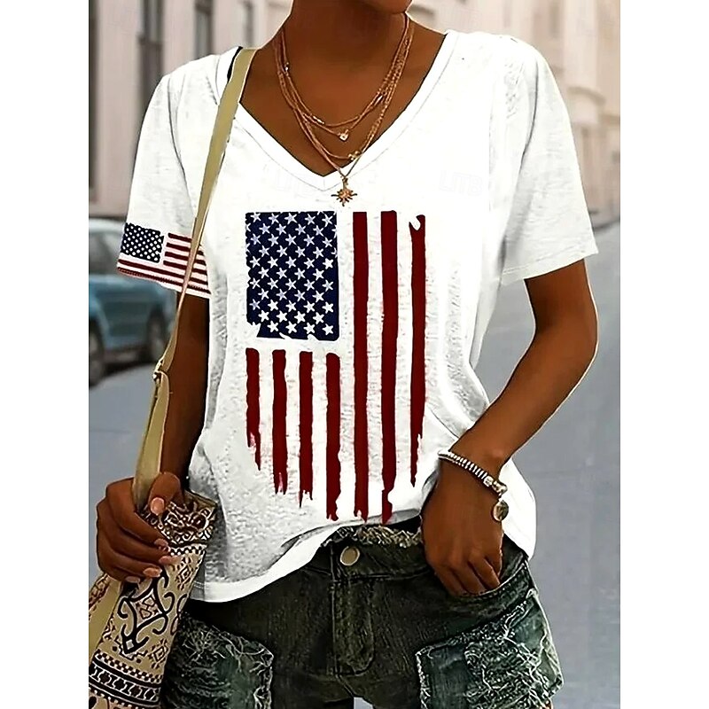 Women's Patriotic  T Shirt Graphic Flag Flag Stylish Casual Red White And Blue Short Sleeve Crew Neck Regular Tops Daily Print White Summer Spring