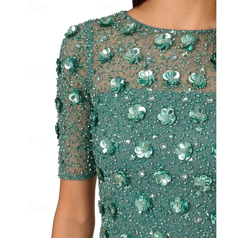 Beaded Floral Mother of the Bride Dress Elegant Vintage Illusion Neck Ankle Length Sequined Half Sleeve with Sequin4
