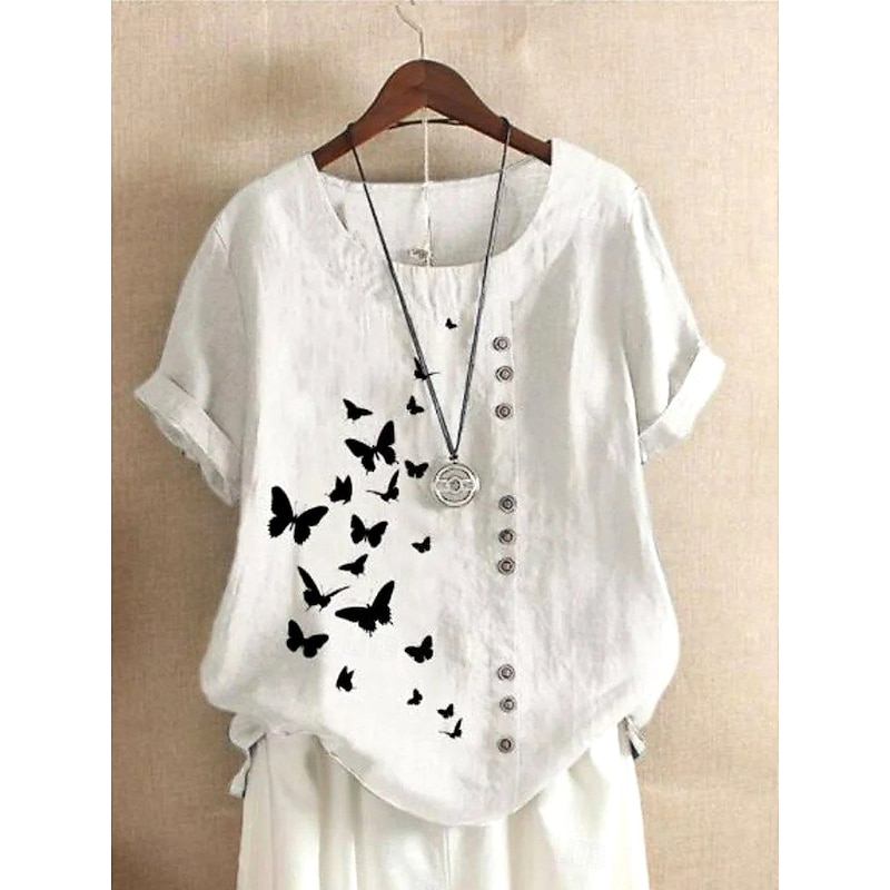 Women's 100% Cotton Shirt Blouse Graphic Butterfly Linen Vintage Casual Short Sleeve Crew Neck Regular Tops Daily Going out Buttons Print White Summer Spring