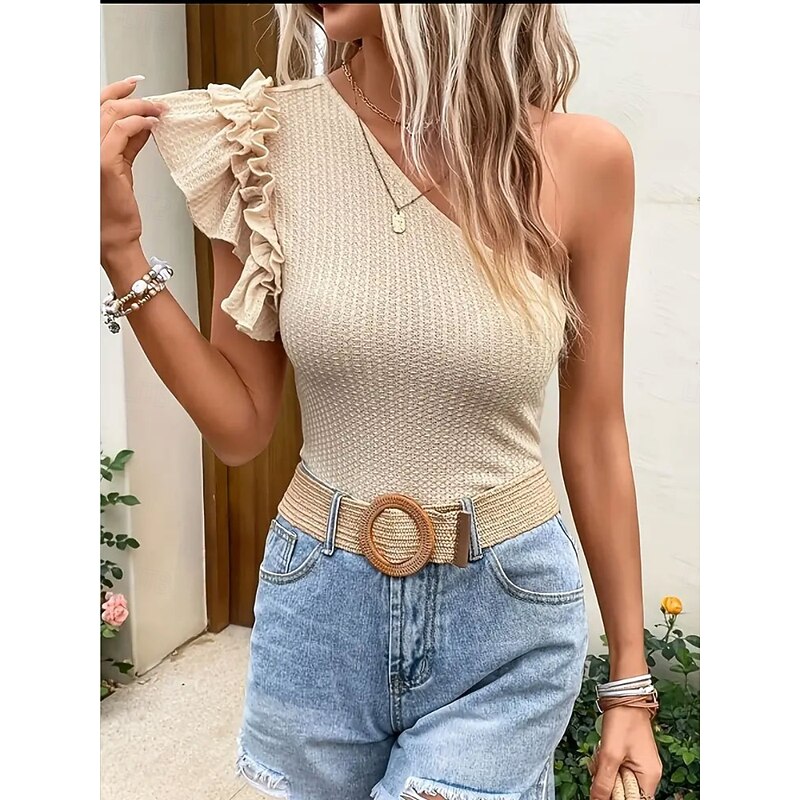 Women's Camisole Tank Top Plain Basic Modern Sleeveless Cold Shoulder Regular Tops Daily Holiday Ruffle Yellow Navy Blue Blue Fuchsia Khaki Summer3