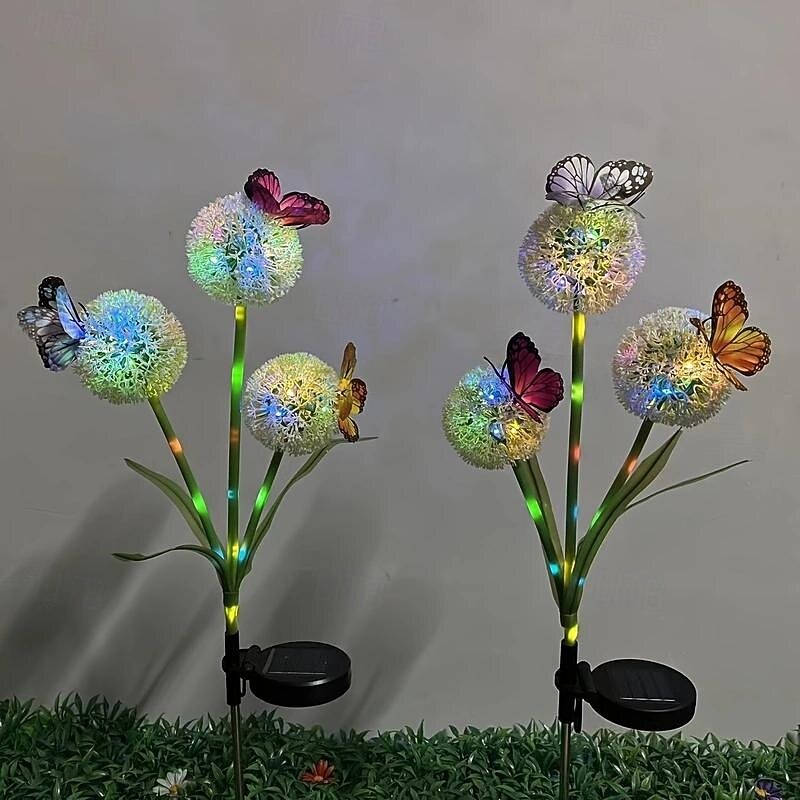 2 Pcs LED Outdoor Solar Lights 3 Head Simulated Dandelion Onion Butterfly Strip Light with Luminous Ground Insertion Patio Lights Courtyard Garden Park Path Lawn Wedding Party Festival Atmosphere2