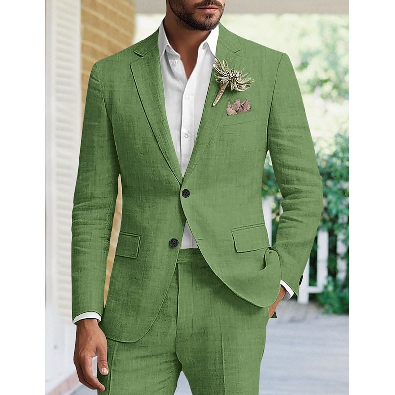 Men's Wedding Linen Suits Sky Blue Green Solid Colored Tailored Fit 2 Piece Single Breasted Two-buttons