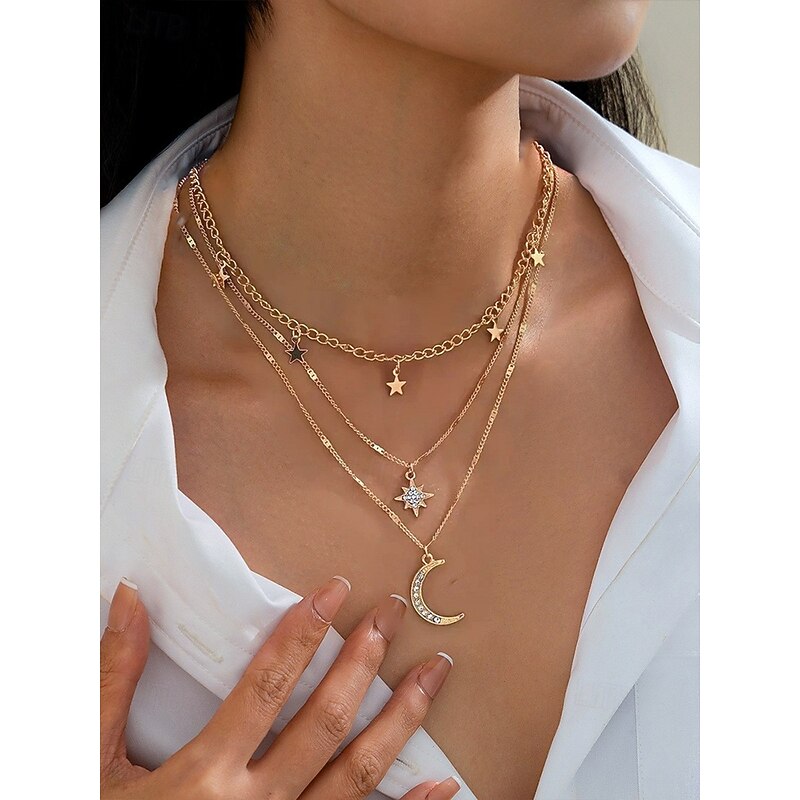 Gold Layered Moon and Star Pendant Necklace – Elegant Bohemian Multi-Layer Chain Jewelry for Women, Dainty Celestial Charm Necklace, Perfect for Parties, Weddings and Gifts2