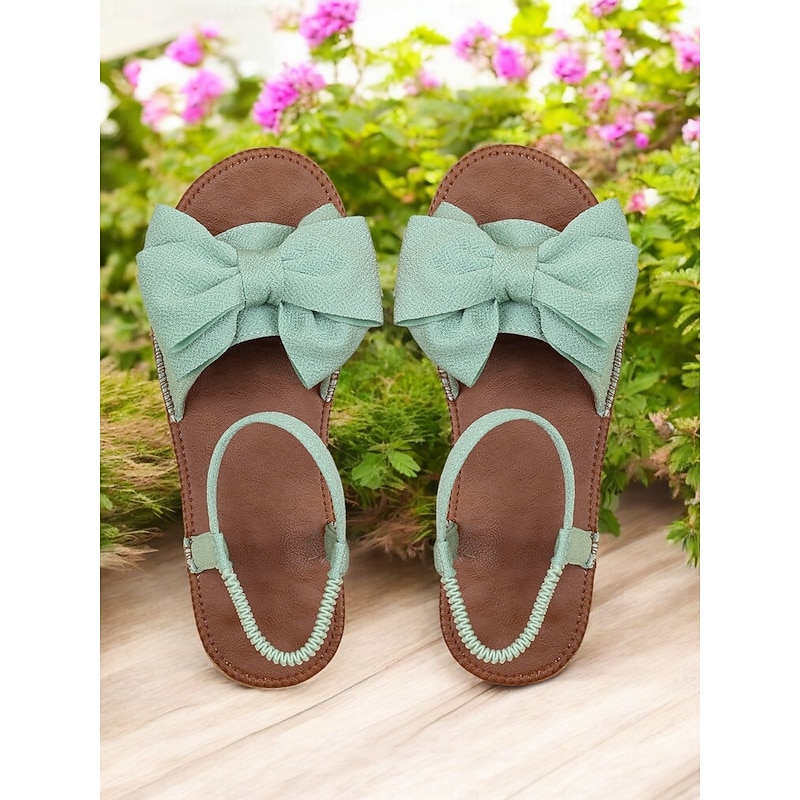 Women's Light Green Bowknot Sandals – Elegant Open-Toe Flat Sandals with Ankle Strap for Summer, Casual Outings, and Beachwear3