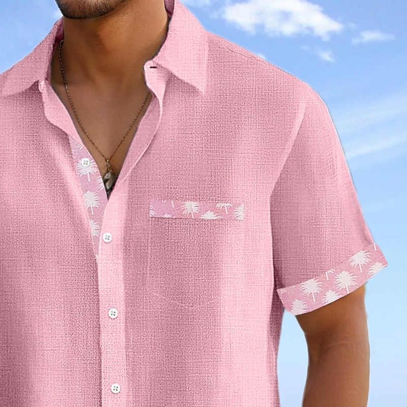 Men's Shirt Linen Shirt Summer Shirt Beach Shirt Plaid Vacation Holiday Pink Green Light Blue Short Sleeve Collar Summer Clothing Apparel2