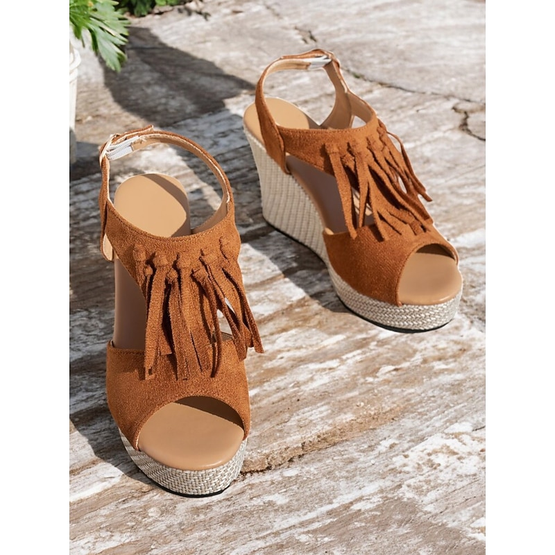Women's Fringe Wedge Sandals – Boho Peep Toe Platform Heels for Summer Beach Vacations, Casual Chic Outfits, and Festival Wear4
