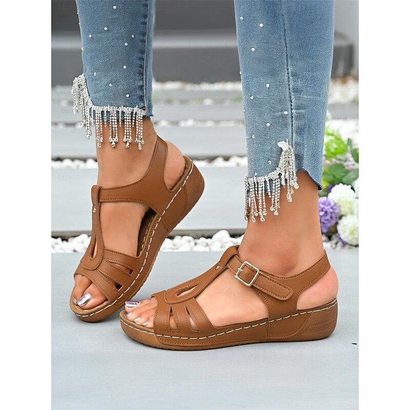 Brown T-Strap Buckle Flat Sandals for Women - Comfort Faux Leathe Sandals for Everyday Wear & Outdoor Activities