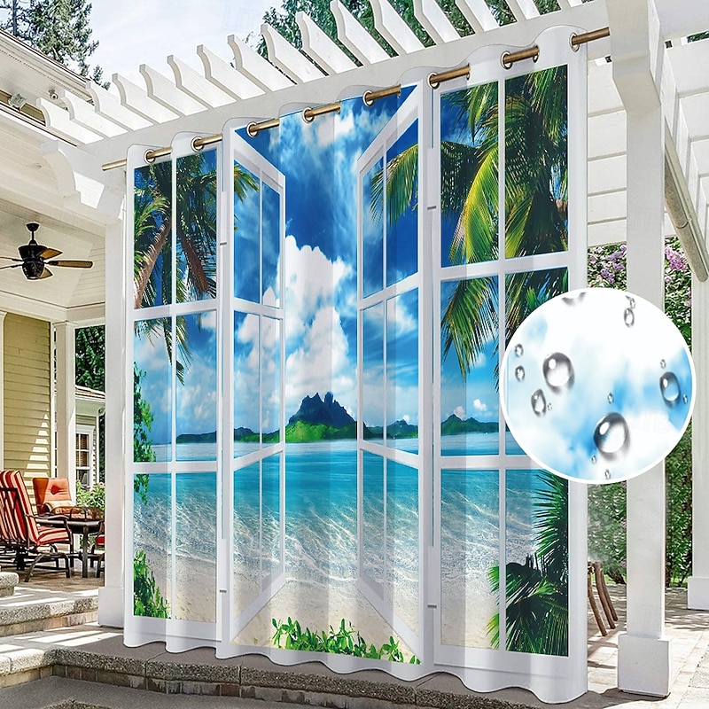 Waterproof Outdoor Curtain Privacy, Outdoor Shades, Sliding Patio Curtain Drapes, Pergola Curtains Grommet Ocean Beach For Gazebo, Balcony, Porch, Party