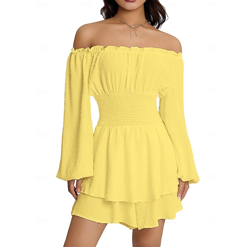 Retro Vintage Medieval Renaissance Mini Dress Flare Dress Puff Sleeve Elven Off Shoulder Regency Inspired Solid Color Fancy Dress Women's Fantasy Vacation Casual Daily LARP Adults' Dress Spring4