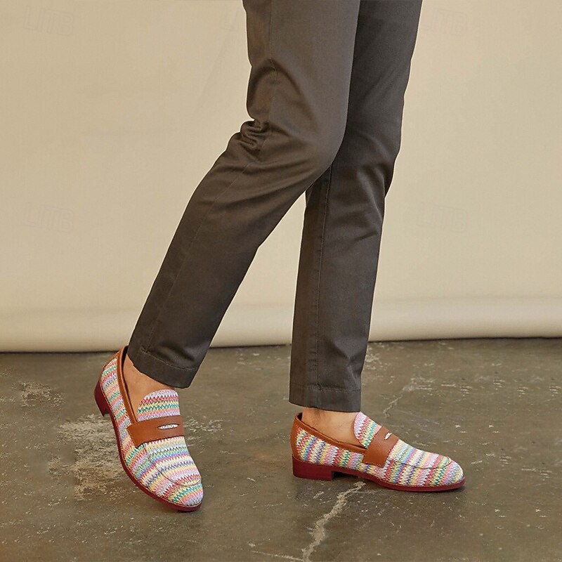 Men's Woven Multicolor Nylon Woven Slip-On Loafers with Leather Trim - Relaxed Fit for Casual Outings2