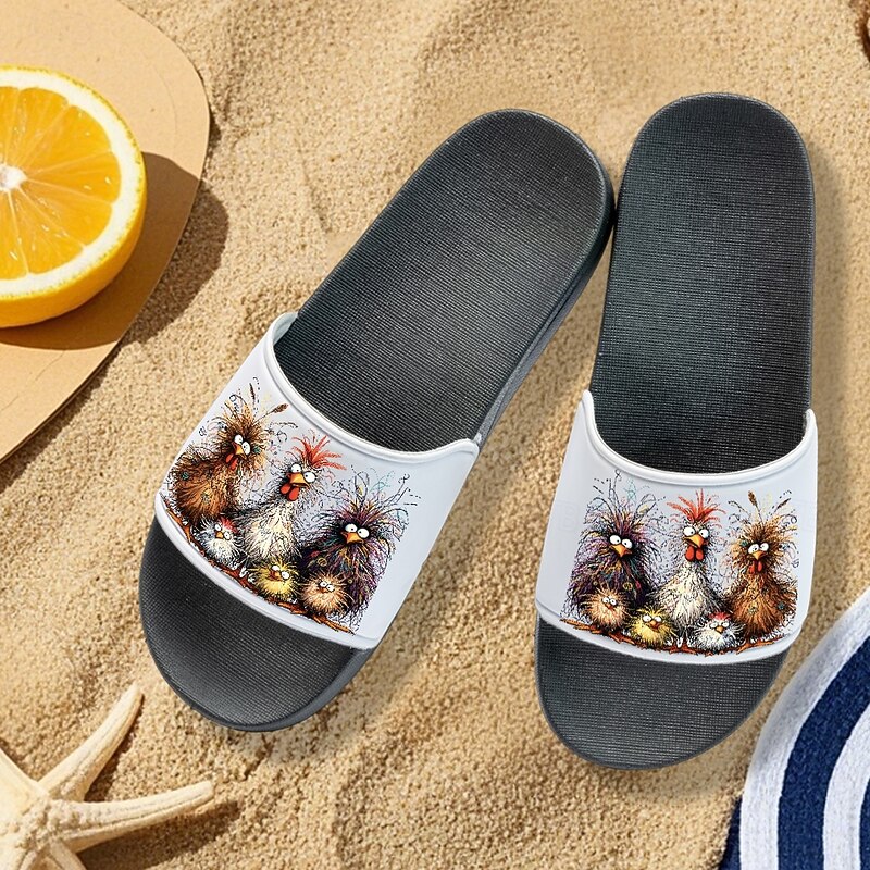 Women's Funny Chicken Print Slide Sandals – Comfortable Casual Slides for Summer & Beachwear