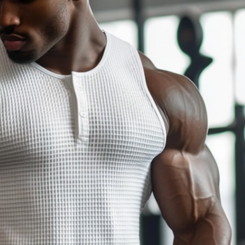 Men's Waffle Tank Top Henley Shirt Vest Top Undershirt Sleeveless Henley Summer Plain Fashion Designer Muscle Buttons Outdoor Going out Gym Black White Light Blue Top Tee for Men3