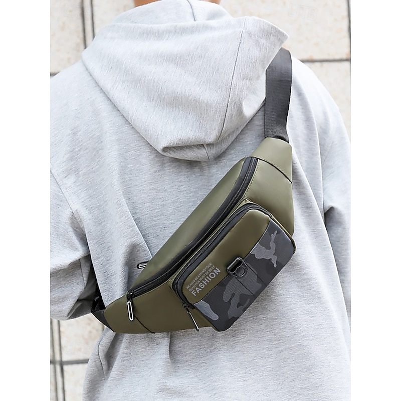 Men's camouflage patchwork waist Fanny bag with multiple compartments - multiple carrying methods, fashionable and practical, suitable for outdoor activities and daily commuting Black Blue Green2