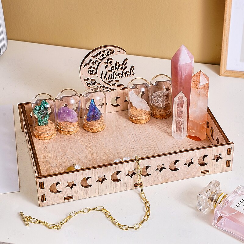 Ramadan Wooden Storage Box Tray – Star & Moon Laser Cut Design, Eid al-Fitr & Eid Celebration Table Organizer, Muslim Festival Decorative Basket3