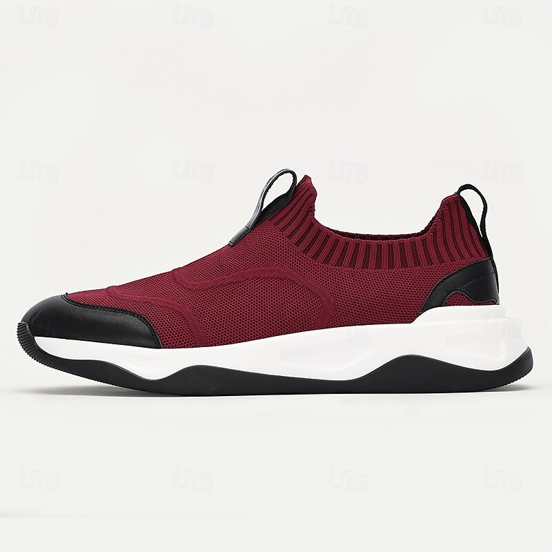 Men's Premium Cowhide Slip-On Sneakers in Burgundy with Knit Upper, Comfortable & Stylish Design for Casual Wear3