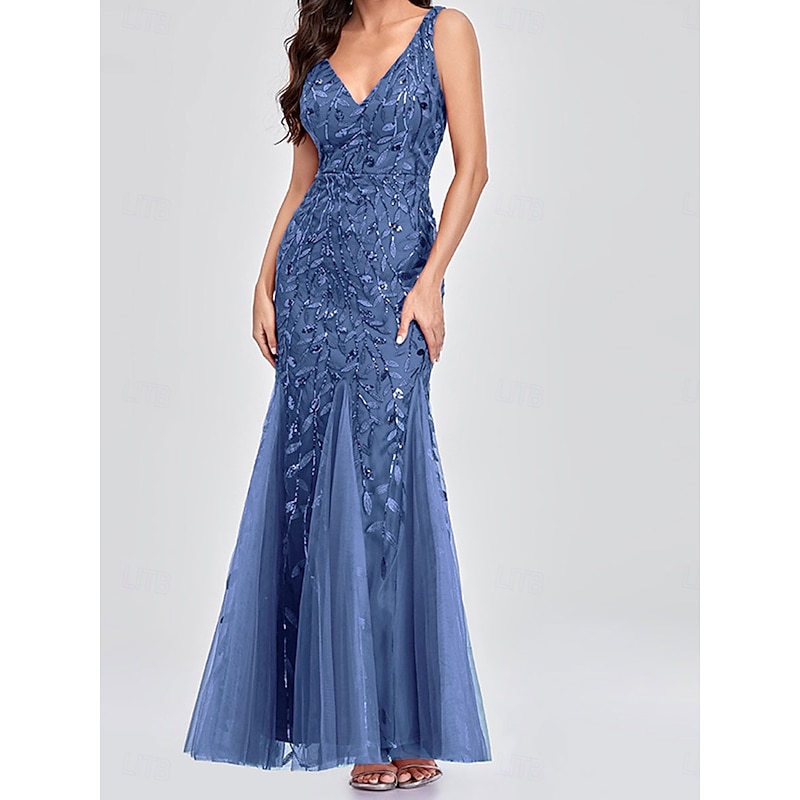 Dress Mother of the Bride Dress Elegant Party V Neck Floor Length Polyester Sleeveless with Appliques