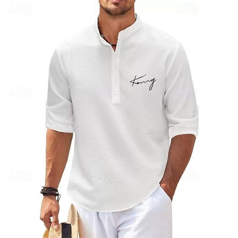 Men's Popover Shirt Summer Shirt Casual Shirt Beach Shirt Waffle Knit Shirt Black White Blue Sky Blue Dark Gray Long Sleeve Letter Classic Stand Collar Henley Vacation Hawaiian Buckle Clothing Apparel4