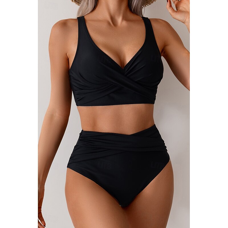 Women's Swimwear Bikini Swimsuit Ruched High Waisted Tropical Beach Wear Plain V Wire Sleeveless Bathing Suits4