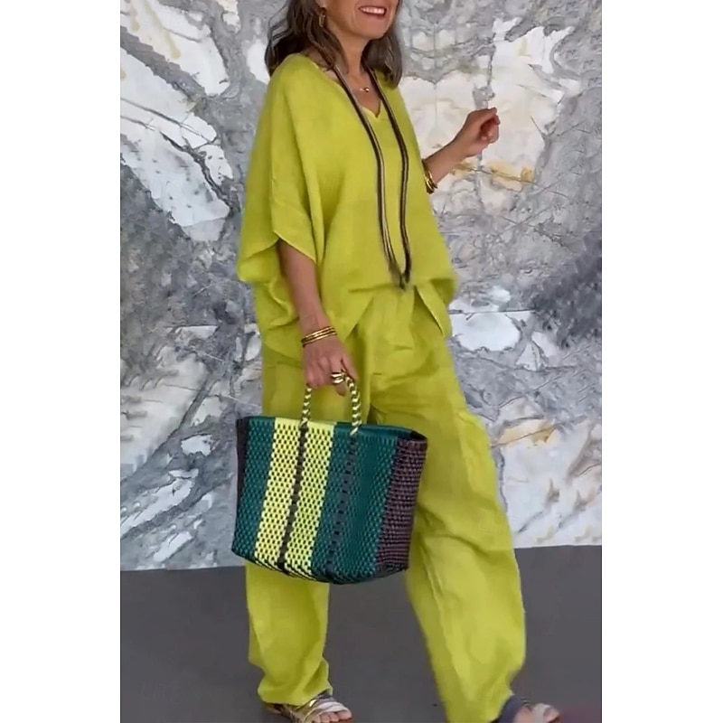 Women's Daily Shirt Cotton Linen Sets Two Piece Sets Half Sleeve V Neck Solid Color Daily Wear Casual Daily Black Light Green Light Grey Summer Regular Fit2