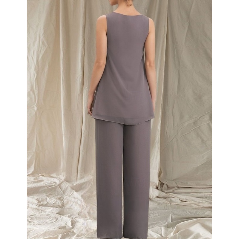 Pantsuit 3 Piece Mother of the Bride Dress Wedding Guest Elegant Crew Neck Floor Length Chiffon Long Sleeve with Ruffles2