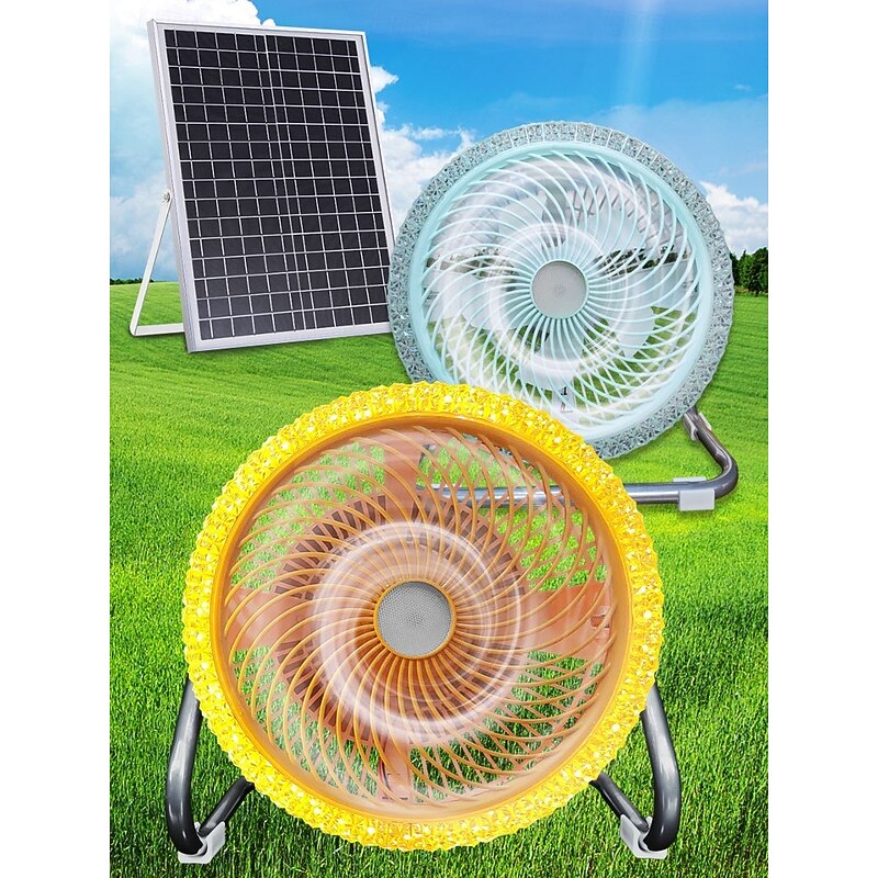 Battery Operated Solar Desk Fan with LED Light 3-in-1 Solar Panel Powered & DC Charger Powered & Power Bank 12'' Cordless High Velocity Floor Fan For Household Camping Travel Outdoor 1PC2