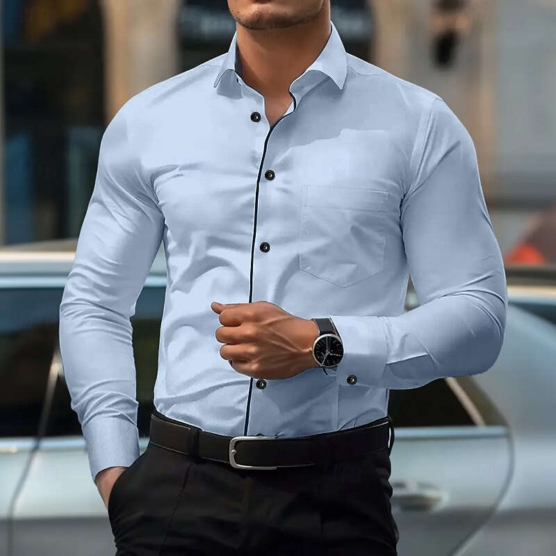 Men's Dress Shirt Non Iron Shirt Plain Wedding Work Light Blue White Long Sleeve Spread Collar Summer Spring Clothing Apparel4