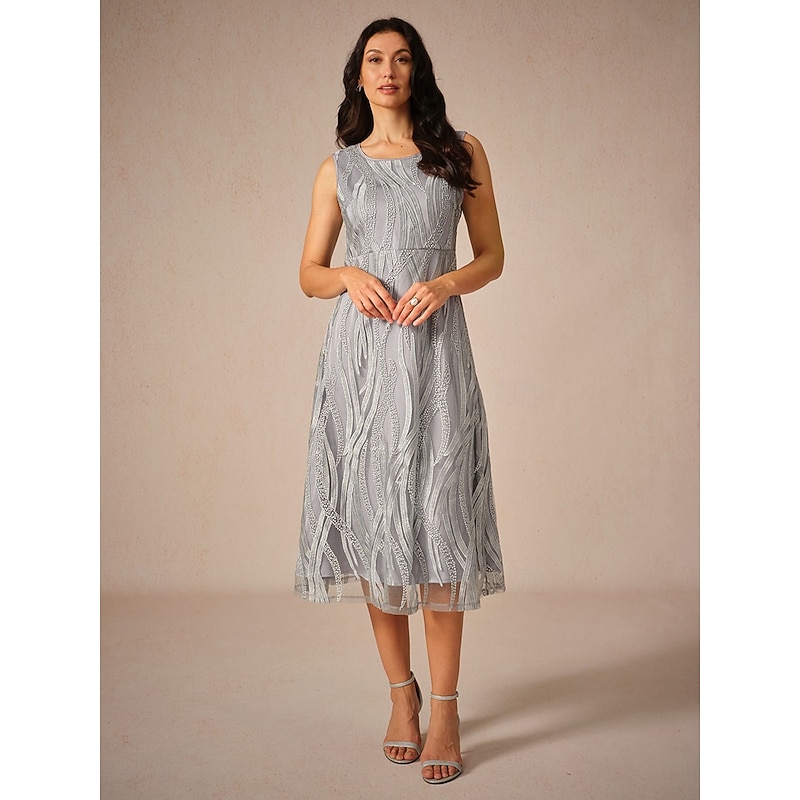 Women's Tea Length Lace Dress Elegant Wedding Guest Date Regular Fit Solid Color Sleeveless Crew Neck Gray Summer Spring Fall3