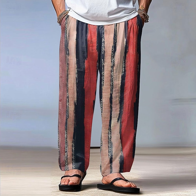 Men's Geometric Striped Trousers Baggy Pants Casual Pants Mid Waist Vintage Retro Outdoor Vacation Holiday Drawstring Elastic Waist Wide Leg Summer Spring 3D Print Yellow Red Blue