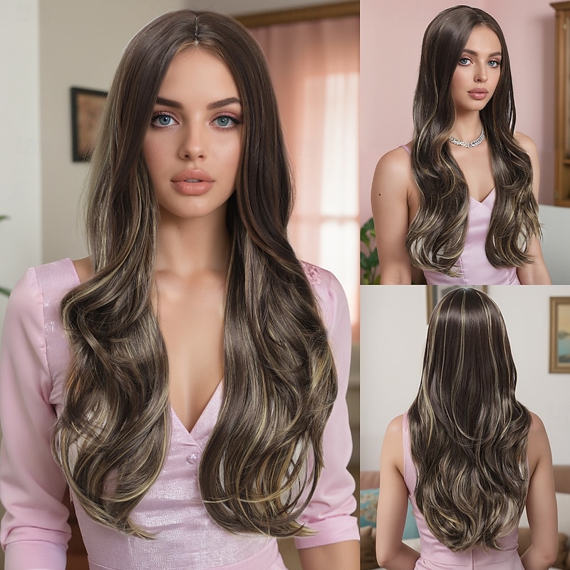 Synthetic Wig Wavy Deep Wave Layered Haircut With Bangs Machine Made Wig 28 inch A1 Synthetic Hair Women's Middle Part Party Color Gradient Multi-color