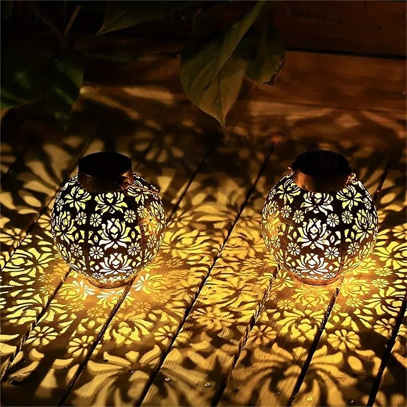 2 Pcs Solar LED Garden Light Lanterns Outdoor Starry Sky Projection Waterproof Solar Metal Lanterns Retro Hollow Design Suitable for Garden Terrace Balcony and Lawn Decoration